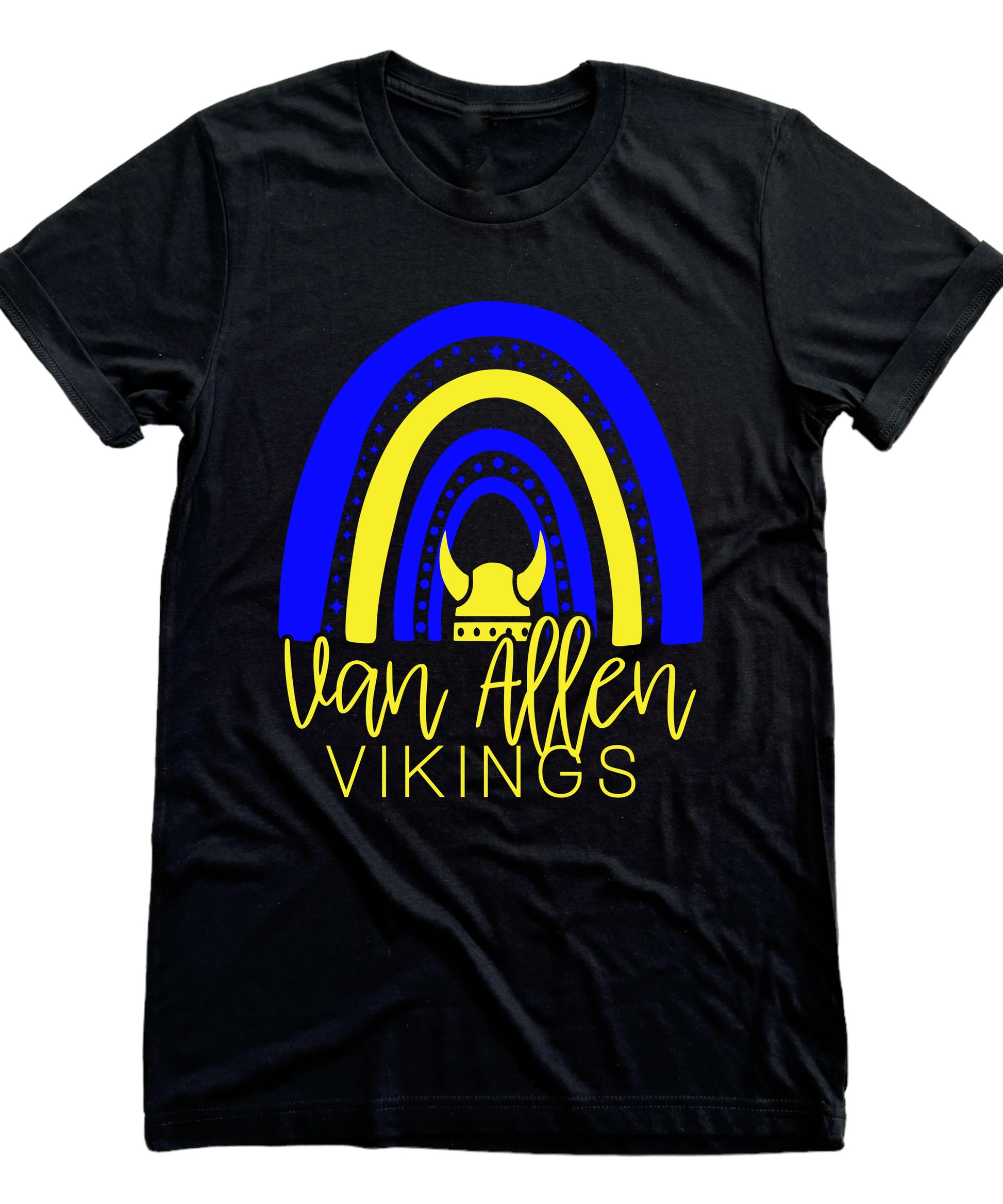 Black t-shirt with blue and yellow rainbow design and text on a white background