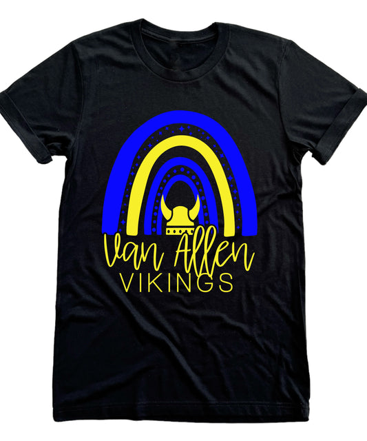Black t-shirt with blue and yellow rainbow design and text on a white background