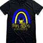 Black t-shirt with blue and yellow rainbow design and text on a white background